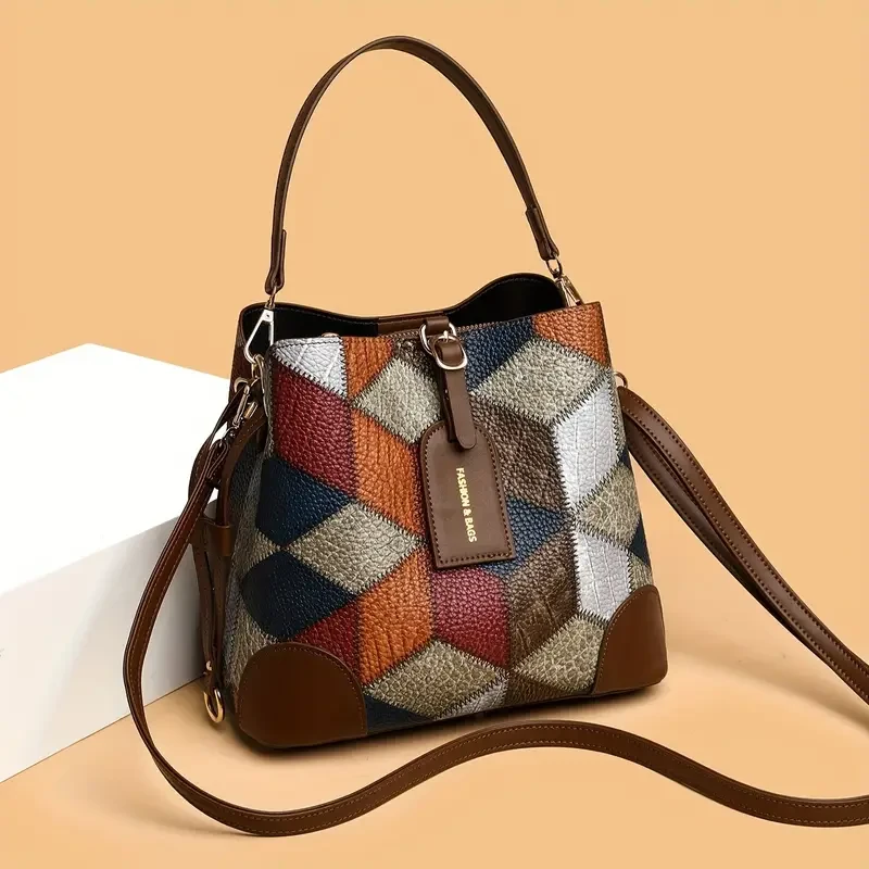 Elegante bolso de mano tipo cubo para mujer con estampado geométrico