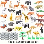 Juego de 53 minifiguras de animales de la selva: rompecabezas educativo y juego con valla y árboles para cumpleaños, Navidad y fiestas.