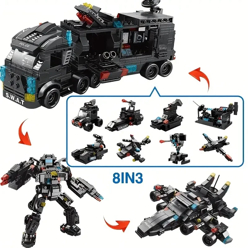 Bloques de construcción 8 en 1 City Series, 3 cambios, estación SWAT, coche ensamblado, máquina urbana, helicóptero, robot, juguetes educativos DIY para niños