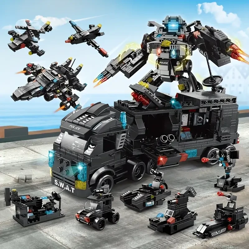 Bloques de construcción 8 en 1 City Series, 3 cambios, estación SWAT, coche ensamblado, máquina urbana, helicóptero, robot, juguetes educativos DIY para niños