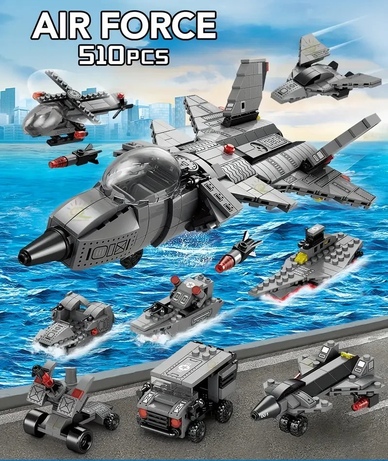 Juguetes educativos ensamblados 8 en 1, serie militar, bloques de construcción de aviones, modelo de caza