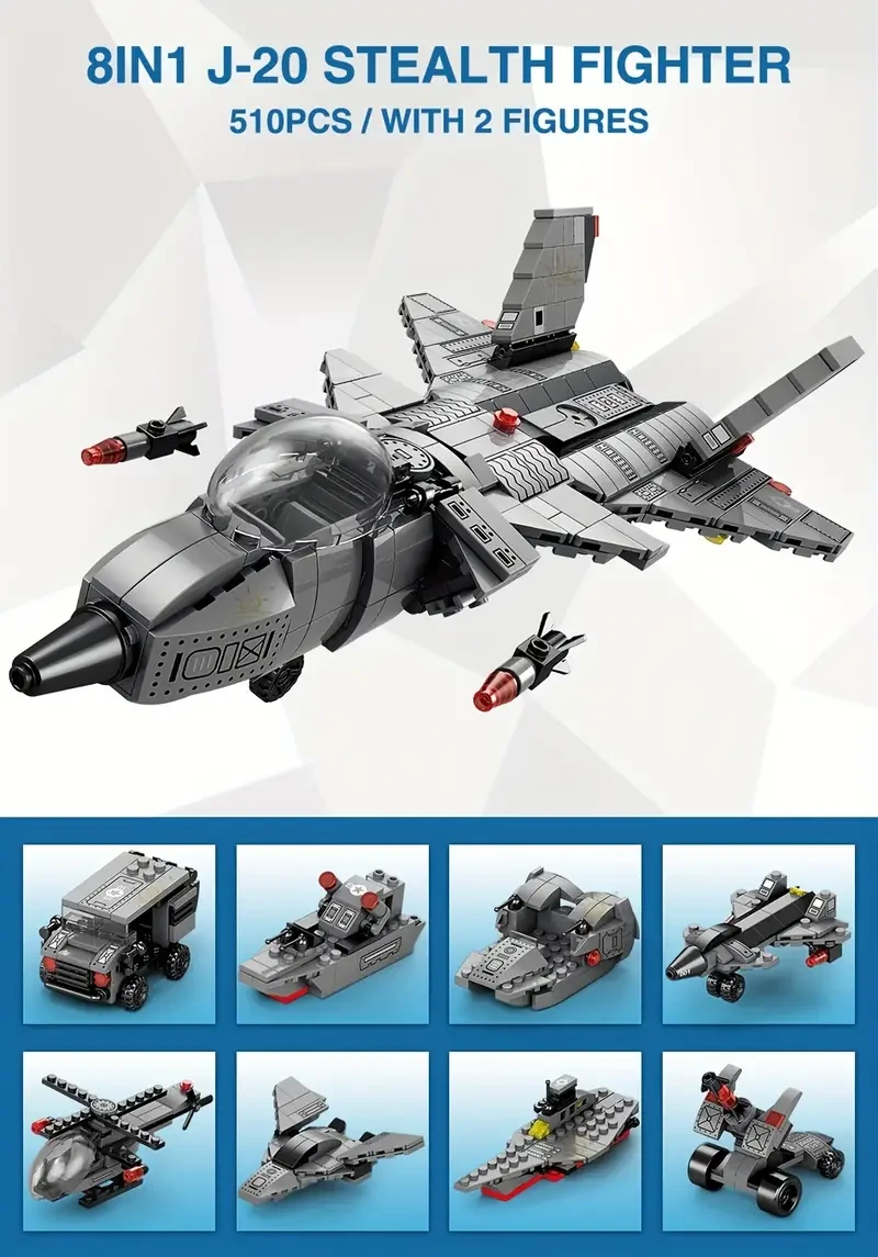 Juguetes educativos ensamblados 8 en 1, serie militar, bloques de construcción de aviones, modelo de caza