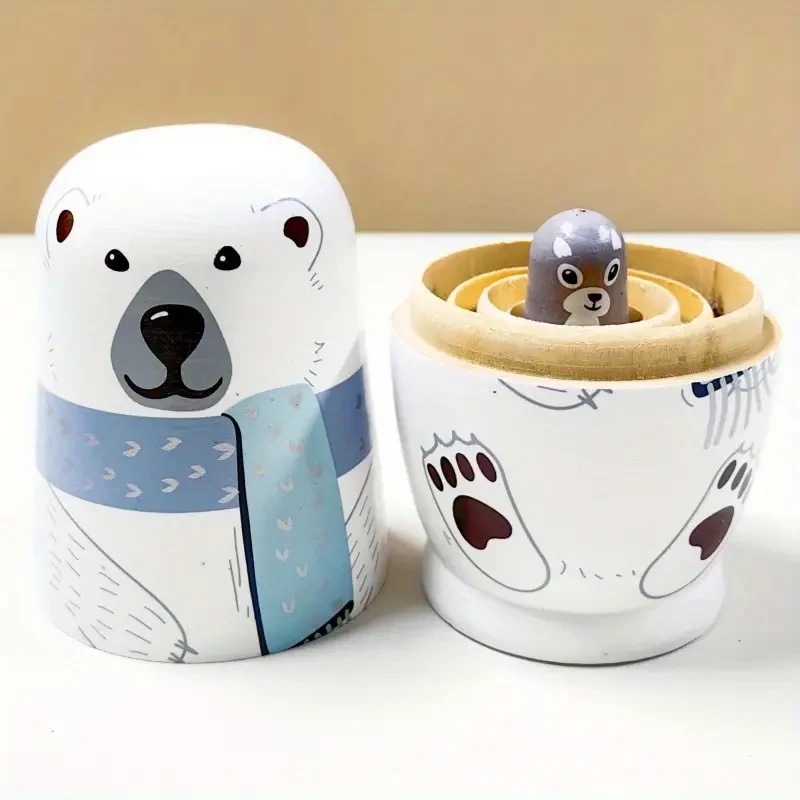 Encantadoras muñecas rusas de madera de oso blanco: perfectas para Navidad, Halloween, Acción de Gracias y cumpleaños | Decoración única para el hogar y juego de juguetes educativos