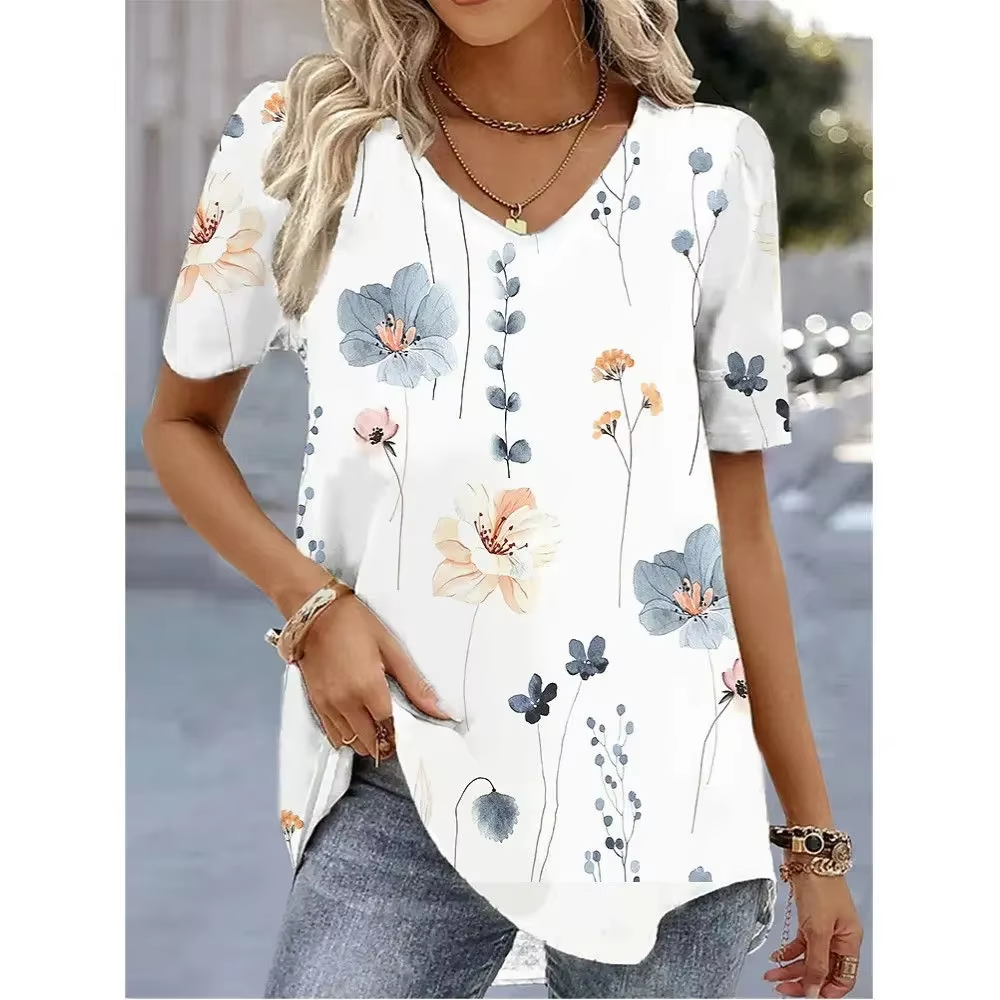 Blusas de moda para mujer 2024, camiseta para mujer con estampado de flores 3D, camiseta blanca kawaii con cuello en V, ropa femenina, camisetas oversize de verano.