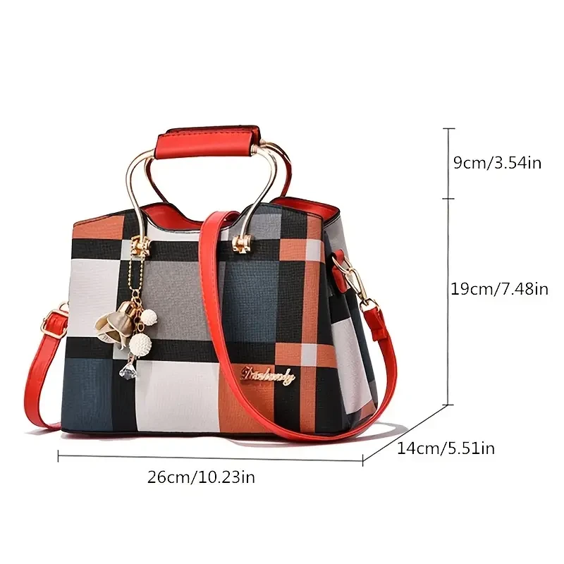 Bolso de hombro con colgante y estampado de cuadros en bloques de color para mujer