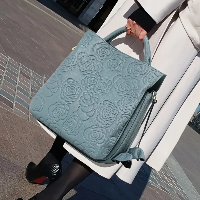 Elegante bolso de mano para mujer de piel sintética auténtica con relieve de rosa