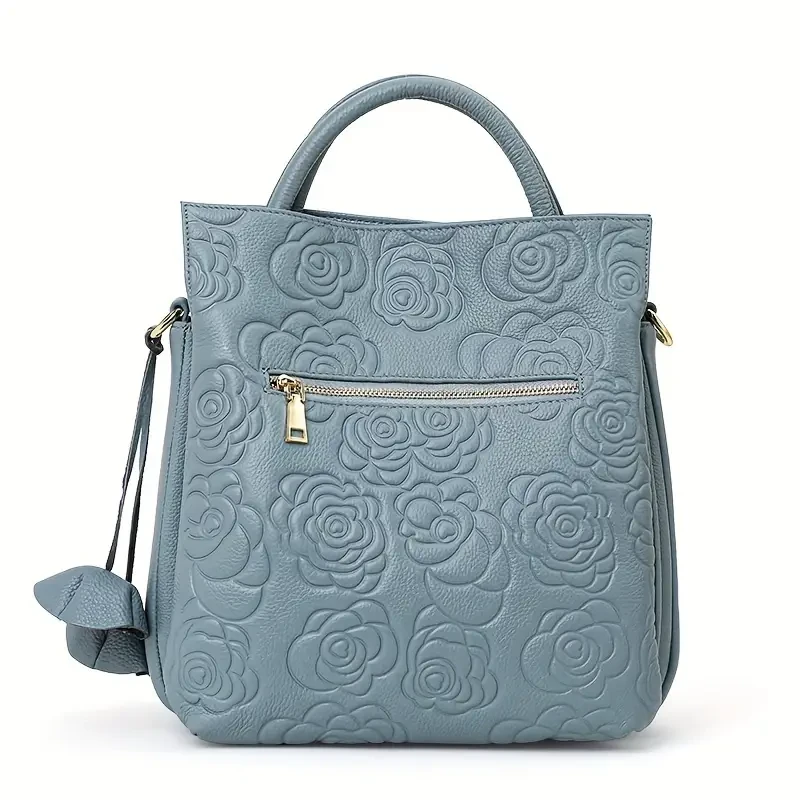 Elegante bolso de mano para mujer de piel sintética auténtica con relieve de rosa