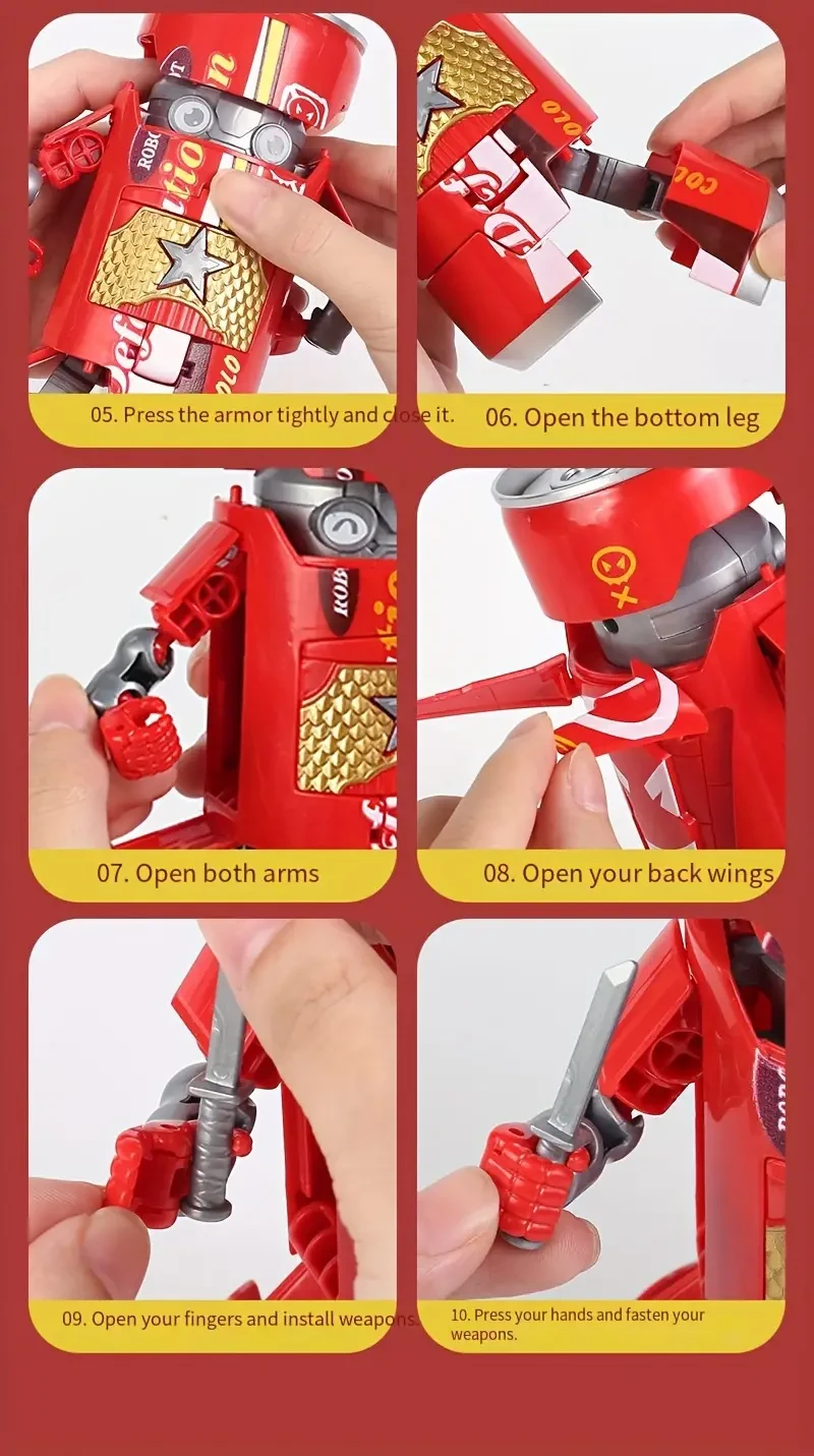 Juguete robot transformable azul y rojo, dos modos de juego, diseño creativo de lata de refresco, decoración de escritorio, diversión interactiva para toda la familia.