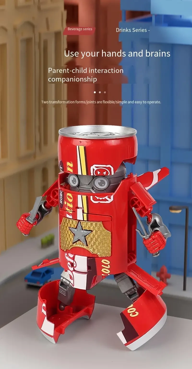 Juguete robot transformable azul y rojo, dos modos de juego, diseño creativo de lata de refresco, decoración de escritorio, diversión interactiva para toda la familia.