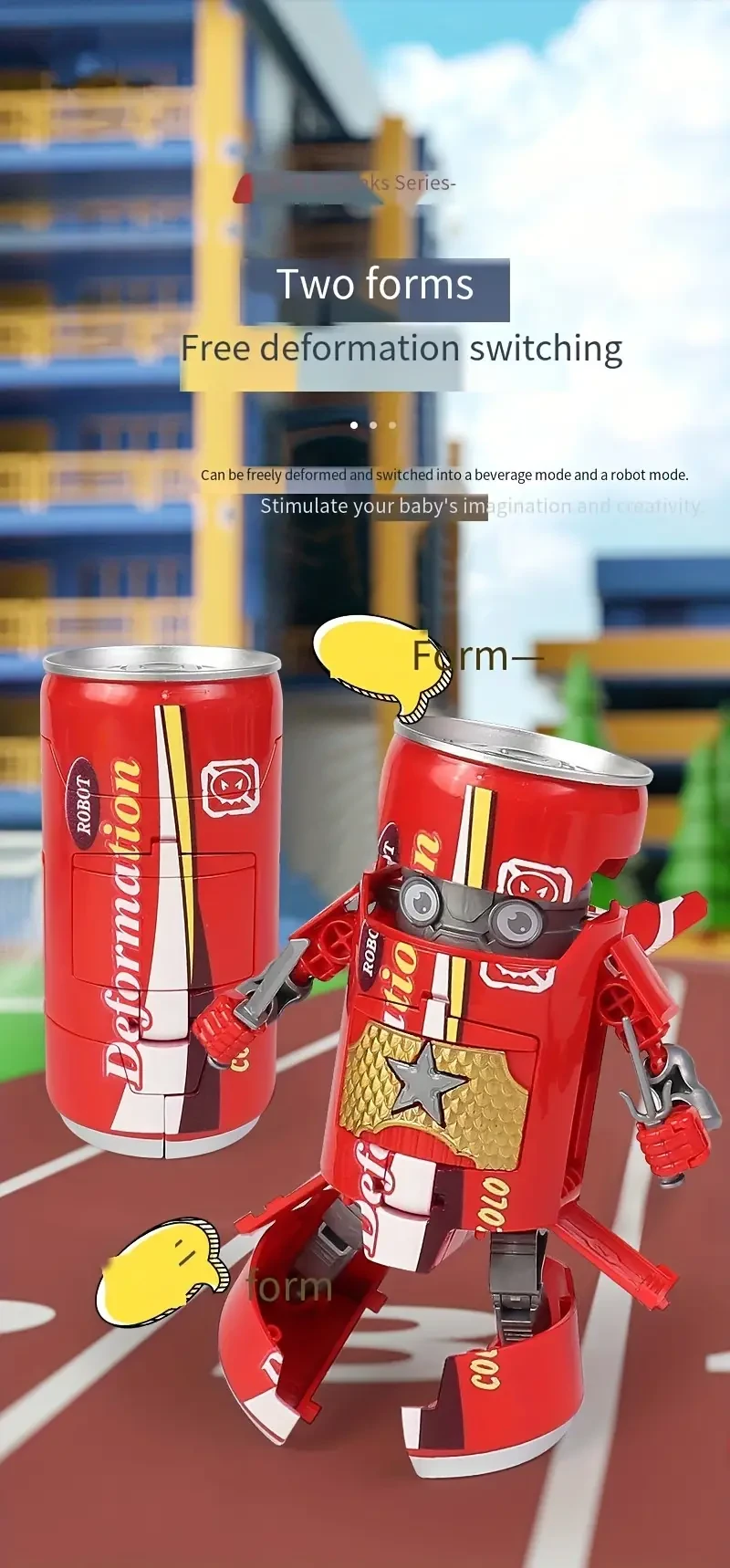 Juguete robot transformable azul y rojo, dos modos de juego, diseño creativo de lata de refresco, decoración de escritorio, diversión interactiva para toda la familia.