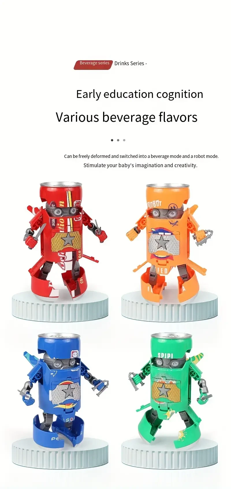 Juguete robot transformable azul y rojo, dos modos de juego, diseño creativo de lata de refresco, decoración de escritorio, diversión interactiva para toda la familia.