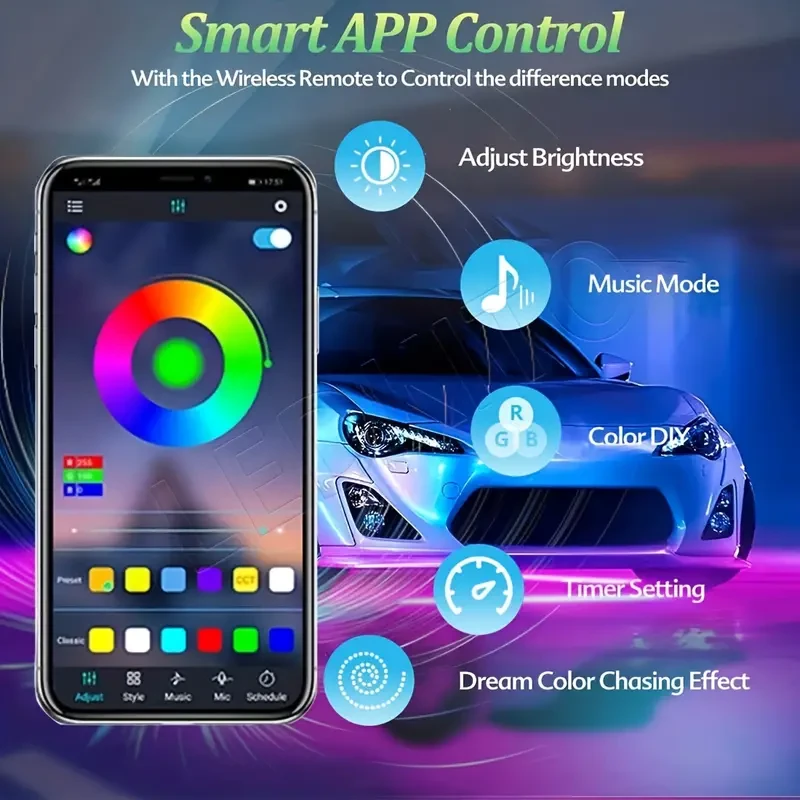 4 tiras de luces de neón para debajo del coche (control por aplicación)