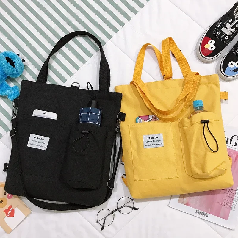 Bolsos de lona Harajuku, bolso de mano para estudiantes con bolsillos, bolso de hombro estilo preppy para mujer