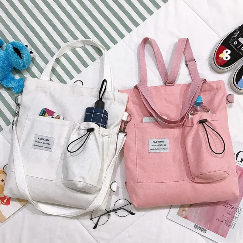 Bolsos de lona Harajuku, bolso de mano para estudiantes con bolsillos, bolso de hombro estilo preppy para mujer