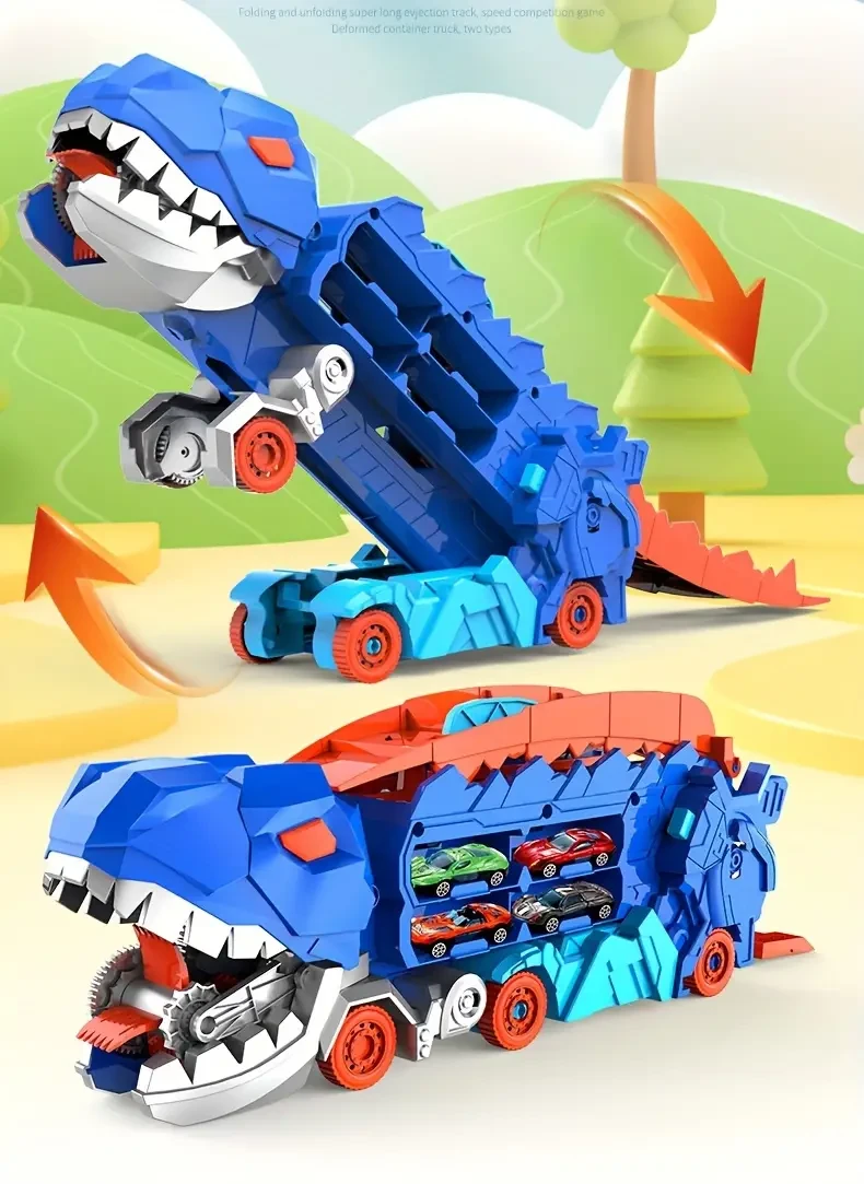 Camión de dinosaurio, Tyrannosaurus Rex, juguete de camión de rieles, coche de aleación deformable con eyección deslizante, regalo de Halloween y Acción de Gracias.