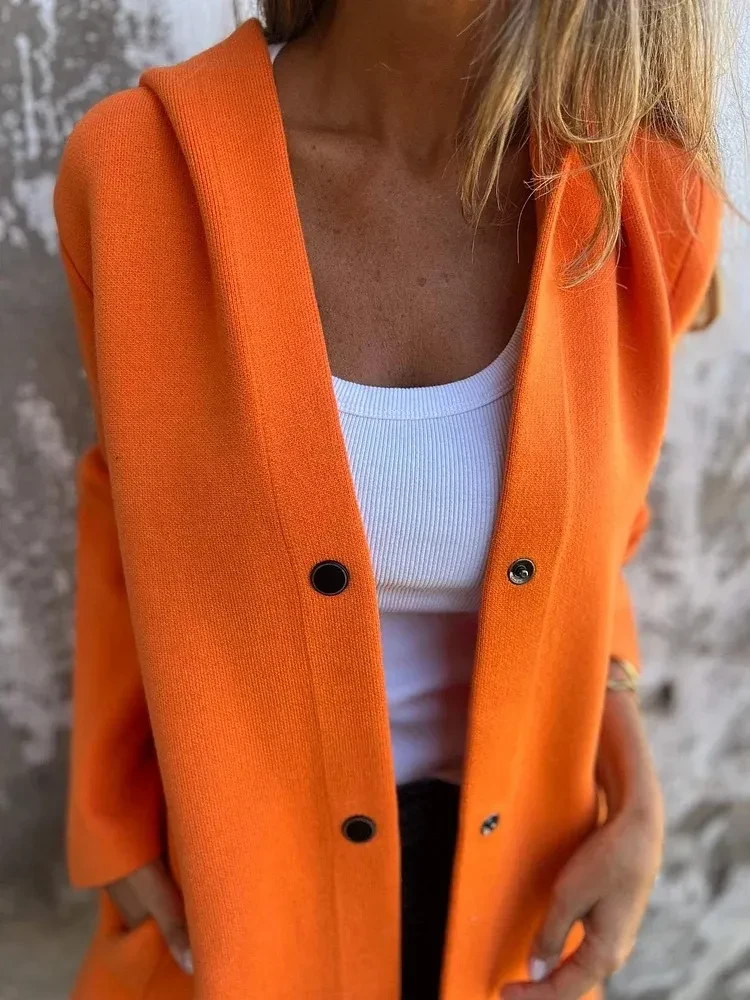 Cárdigan informal con capucha y botonadura sencilla, chaqueta holgada de color liso, ropa de mujer para primavera y otoño