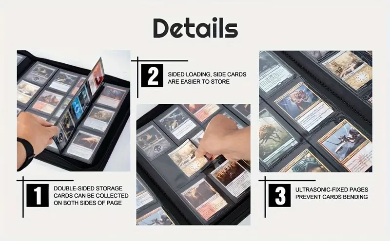 Álbum de cartas coleccionables: carpeta de cuero sintético con 12 compartimentos por página, 32 ranuras laterales con cremallera y capacidad para 768 cartas, ideal para juegos de mesa, cartas coleccionables y TCG. A partir de 14 años.