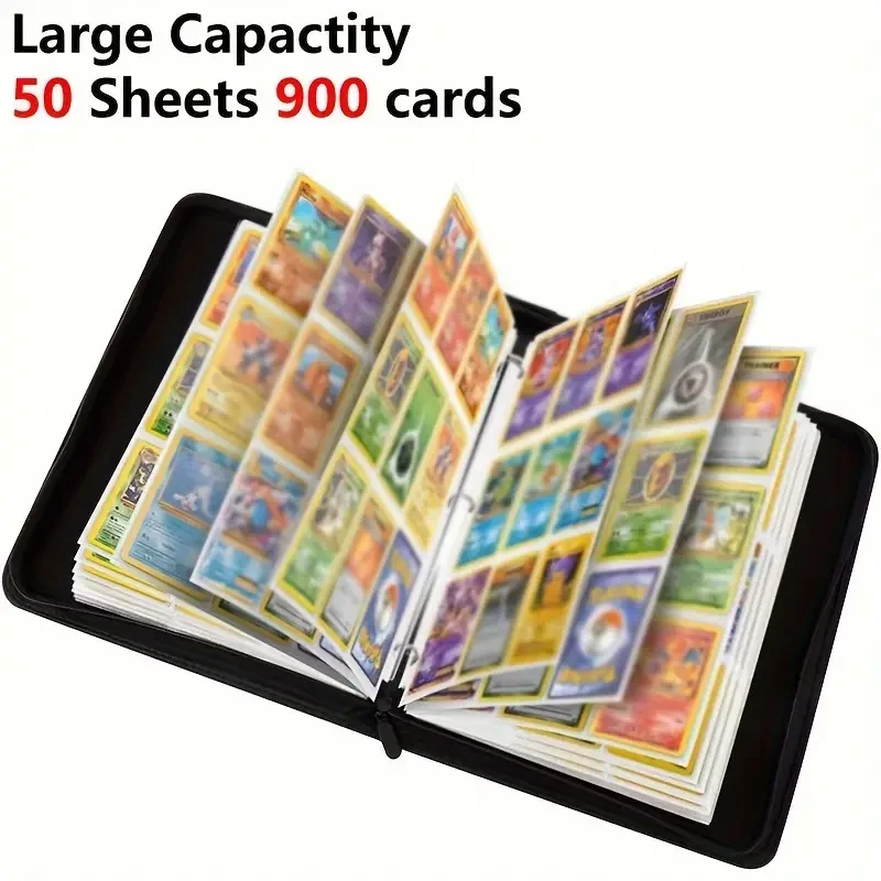 Carpeta para 400/900 cartas, 4/9 bolsillos, con cremallera, para cartas coleccionables, de PU, para MTG, TCG y cartas deportivas, ideal como regalo de Halloween y Navidad (negro)