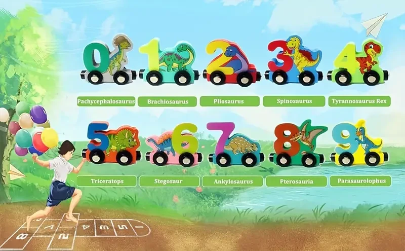 Tren magnético de madera con 11 dinosaurios y 14 vagones navideños. Juego educativo de vagones magnéticos de madera. Rompecabezas visual para niños en edad preescolar. Ideal como regalo de cumpleaños y Navidad.