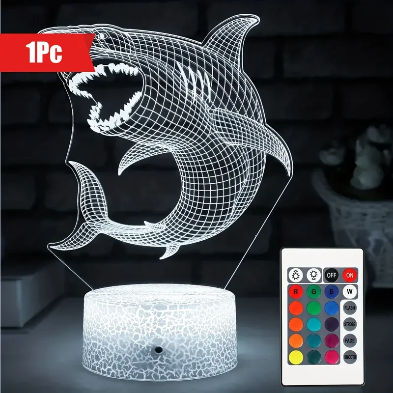 Luz nocturna 3D de tiburón - 16 colores con control remoto