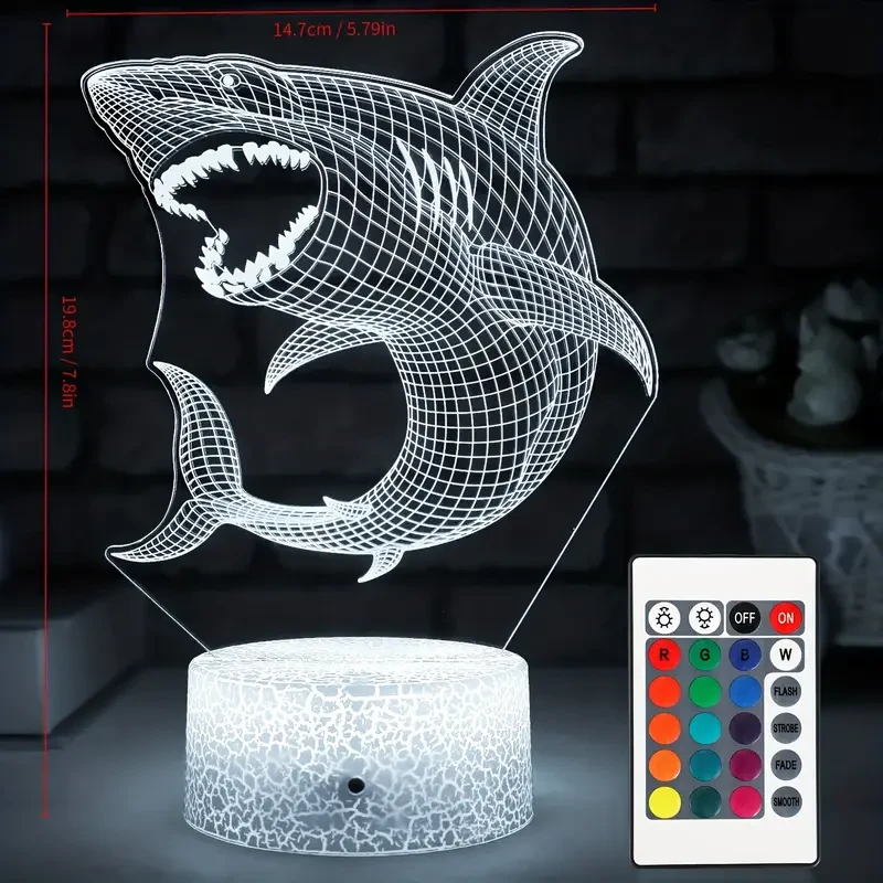 Luz nocturna 3D de tiburón - 16 colores con control remoto