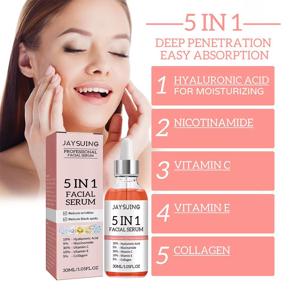 Suero facial reafirmante 5 en 1 que difumina las líneas finas, hidratante, iluminador, con vitamina C y ácido hialurónico, reduce los poros y cuida la piel.