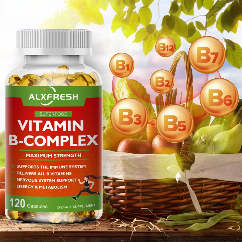 Suplementos vitamínicos del complejo B de Alxfresh (B12, B1, B2, B3, B5, B6, B9, ácido fólico y biotina), que refuerzan el sistema inmunitario y la energía.