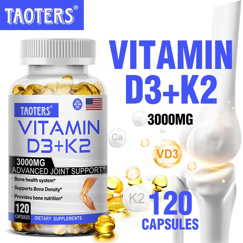 Suplemento de vitamina D3+K2 TAOTERS para apoyar la salud de las articulaciones, los huesos y el sistema inmunitario. Fórmula sin OGM, complejo de vitamina D y K fácil de tragar.