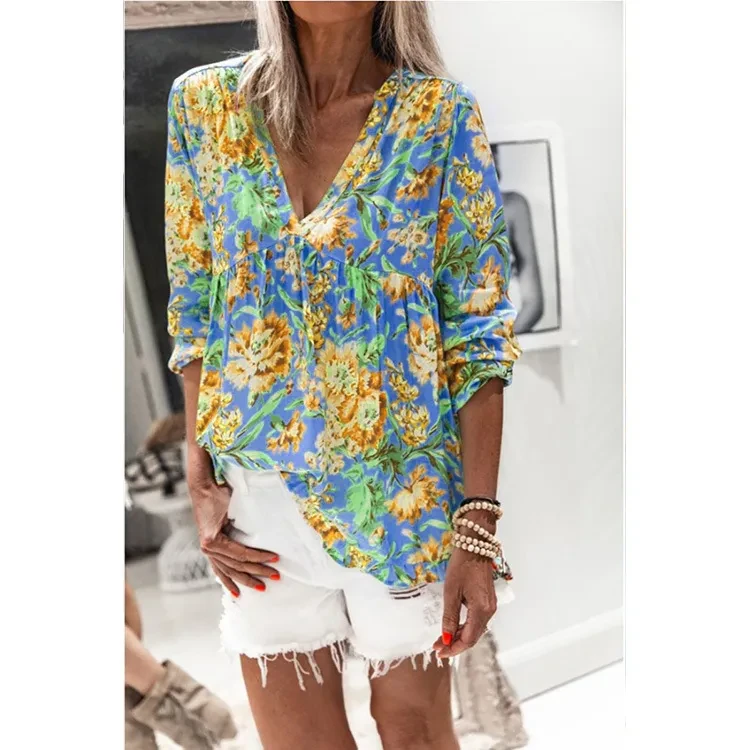Blusa de manga larga con cuello en V y estampado para mujer