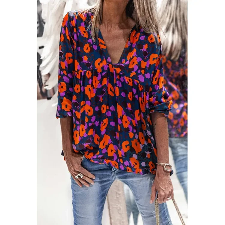 Blusa de manga larga con cuello en V y estampado para mujer