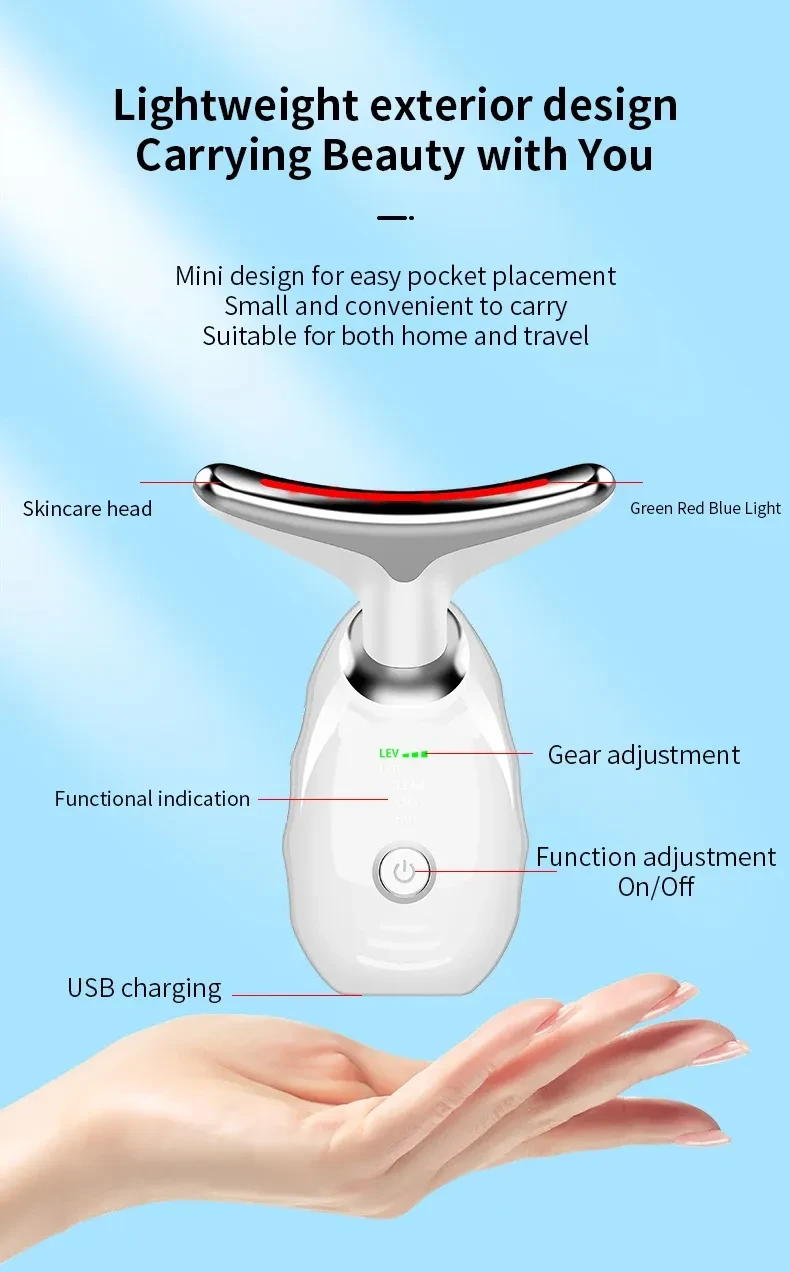 Dispositivo de belleza para cuello y rostro con terapia de fotones LED de colores, reafirmante de la piel, reducción de papada, antiarrugas, masajeador lifting.