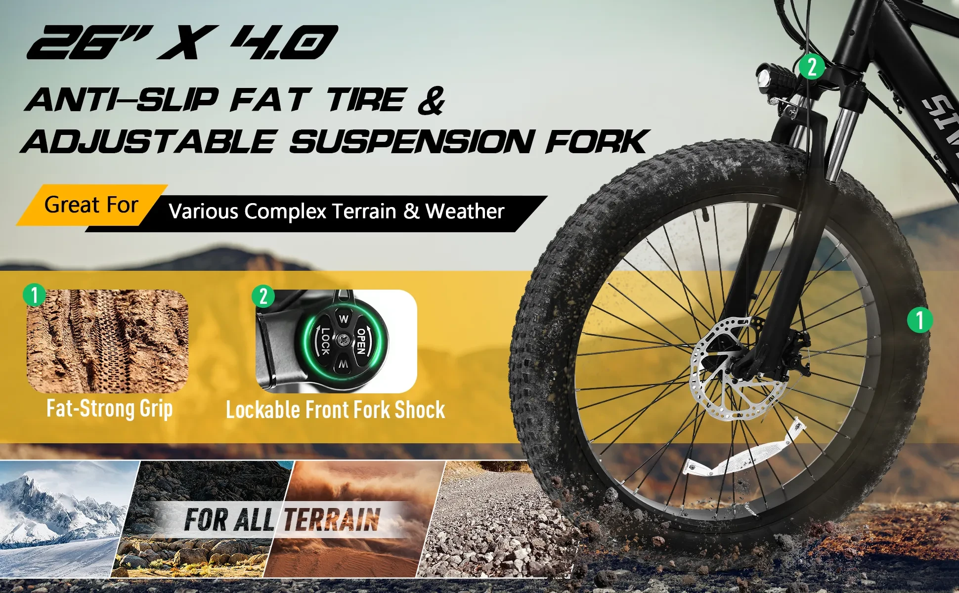 Bicicleta eléctrica profesional para adultos, 26 x 4 pulgadas, neumáticos anchos, motor de 1000 W, 48 V, 15 Ah, para trail, excursiones y desplazamientos diarios, con certificación UL y GCC.