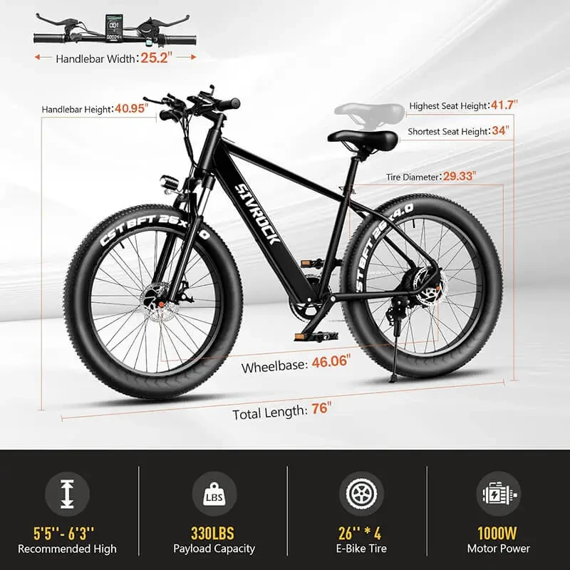 Bicicleta eléctrica profesional para adultos, 26 x 4 pulgadas, neumáticos anchos, motor de 1000 W, 48 V, 15 Ah, para trail, excursiones y desplazamientos diarios, con certificación UL y GCC.