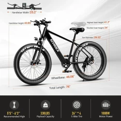 Bicicleta eléctrica profesional para adultos, 26 x 4 pulgadas, neumáticos anchos, motor de 1000 W, 48 V, 15 Ah, para trail, excursiones y desplazamientos diarios, con certificación UL y GCC.