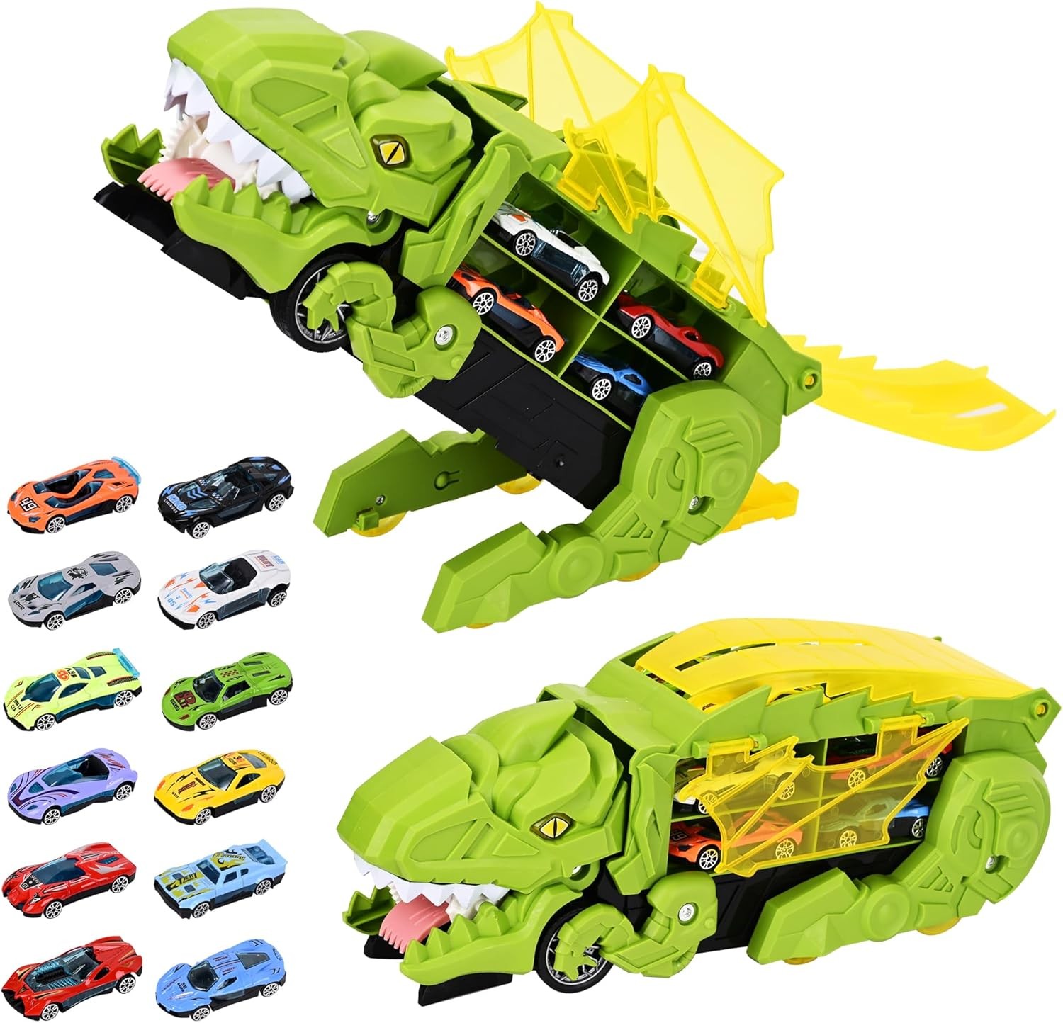 Camión de juguete con dinosaurio T-Rex y 6 minivehículos: aleación de hierro duradera, colores aleatorios, ideal para cumpleaños, Navidad y Halloween.