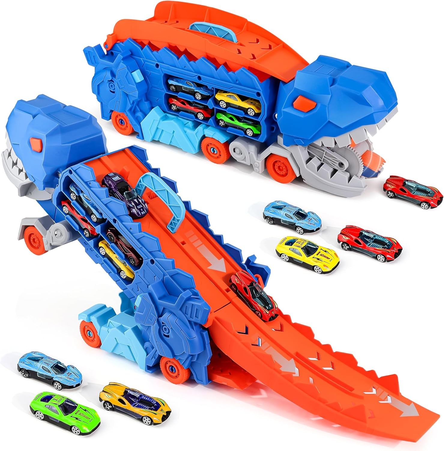 Pista de lanzamiento de dinosaurios transformable con coches de fundición a presión, juego de dragón triangular deformable de doble forma, vehículo de deslizamiento inercial para niños, ideal para edades de 3 a 6 años, regalo de cumpleaños y festividades.