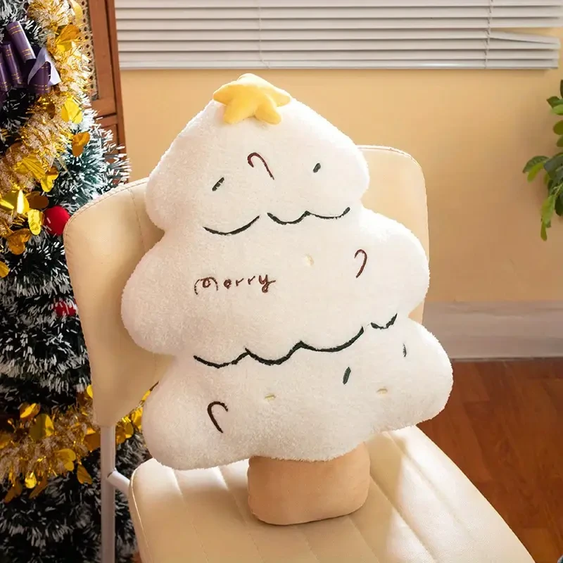 Cojín navideño con diseño de árbol de Navidad: tejido de punto suave, relleno de poliéster y cierre de cremallera.
