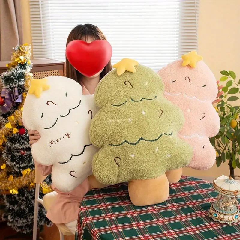 Cojín navideño con diseño de árbol de Navidad: tejido de punto suave, relleno de poliéster y cierre de cremallera.