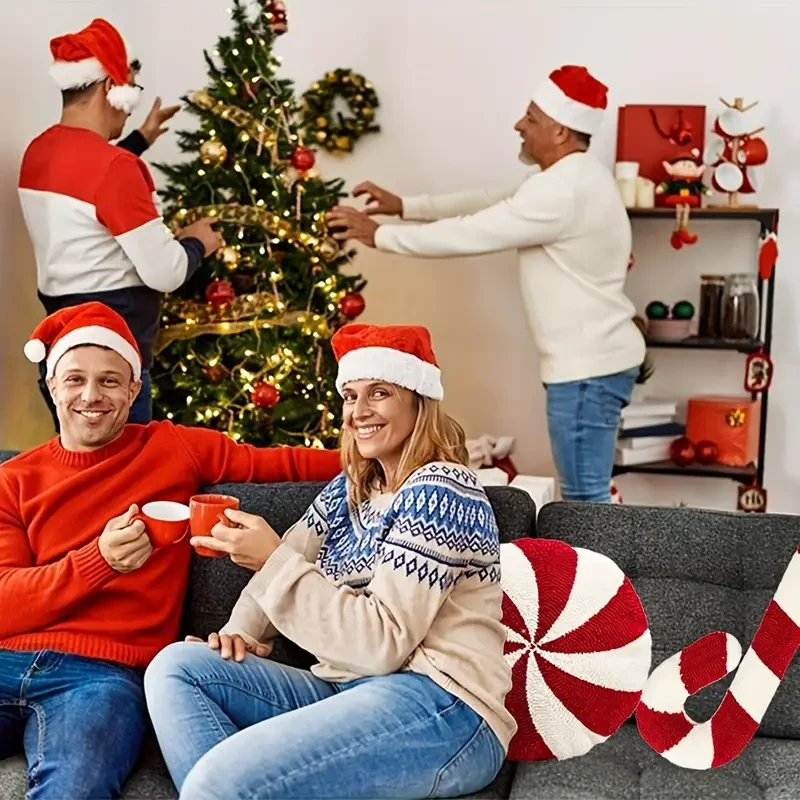 Juego de cojines vintage navideños con diseño de bastón de caramelo y menta, cojín decorativo de felpa rojo y blanco.
