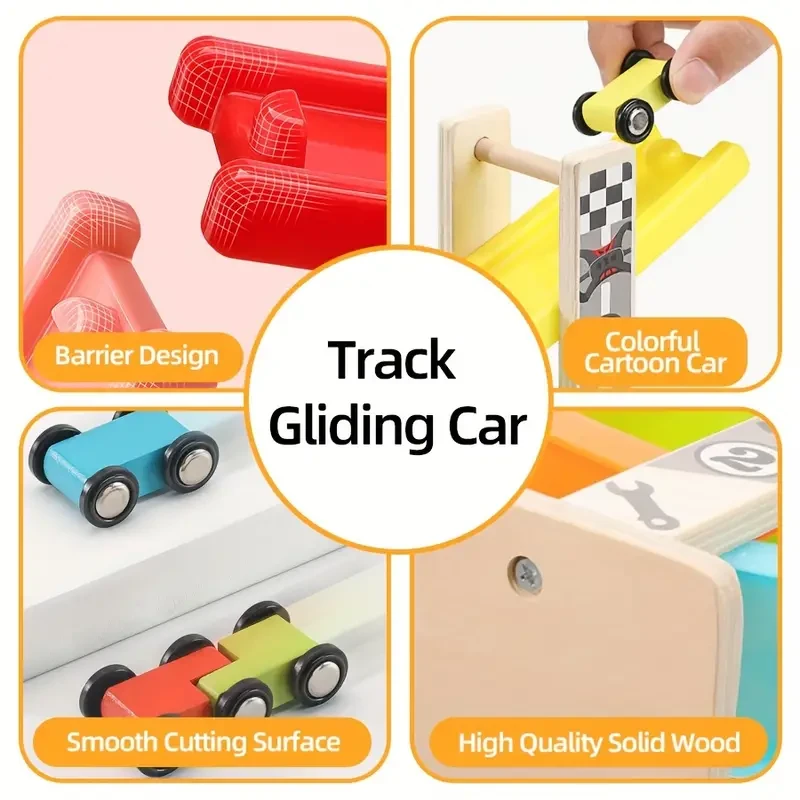 Juego de carreras de madera con rampa para niños - Juguete educativo de 4/7 pistas con minitobogán de inercia y montaña rusa - Regalo perfecto para las fiestas, amarillo