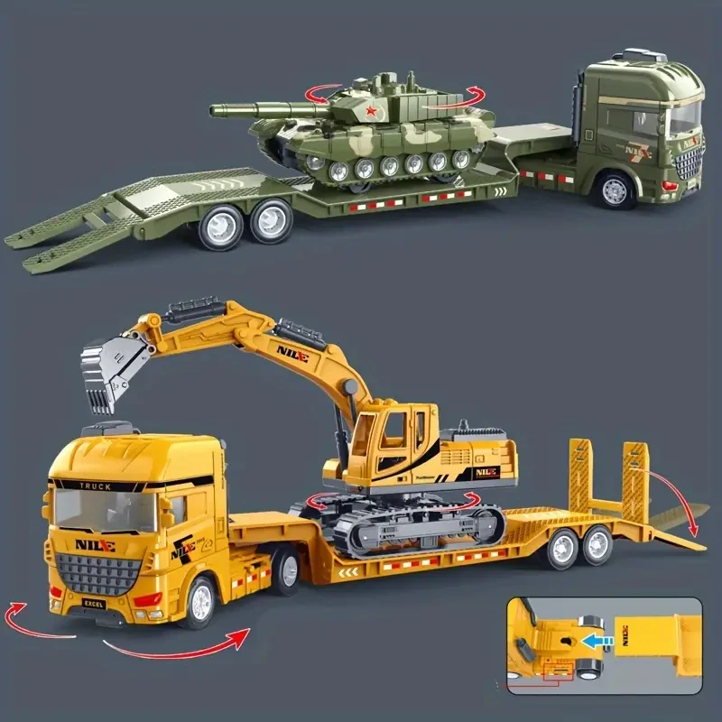 Juego de camiones de juguete de inercia para niños con excavadora y tanque militar, con empuje manual, 2 remolques de transporte grandes, juego de ingeniería educativa para niños de 3 a 6 años.