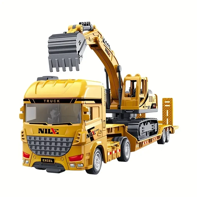 Juego de camiones de juguete de inercia para niños con excavadora y tanque militar, con empuje manual, 2 remolques de transporte grandes, juego de ingeniería educativa para niños de 3 a 6 años.