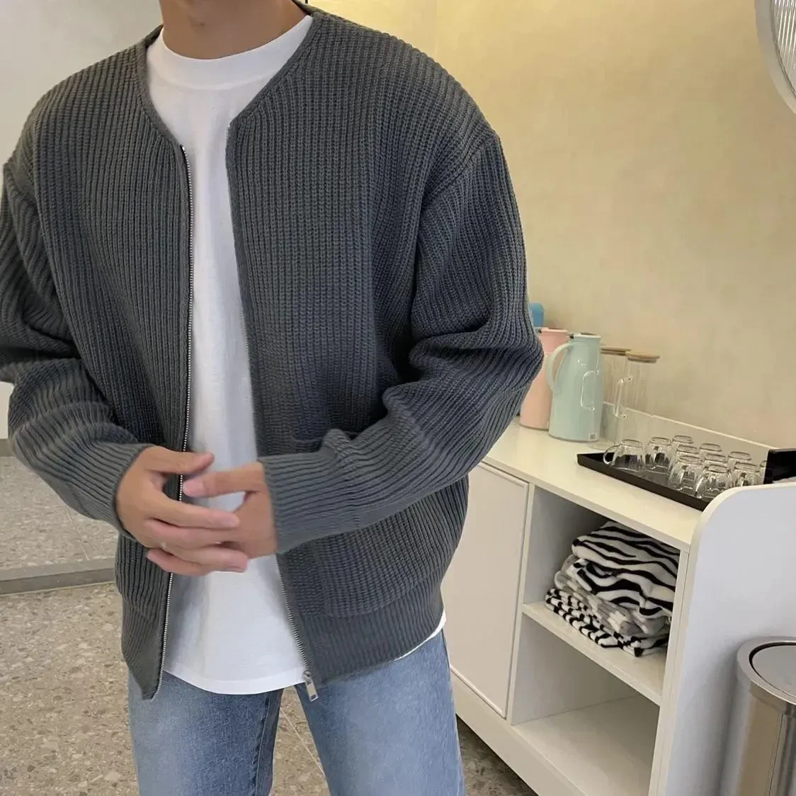 Suéter de punto con cremallera y cuello alto para hombre, forrado, con bolsillos, cómodo y suave, de manga larga para todas las estaciones.