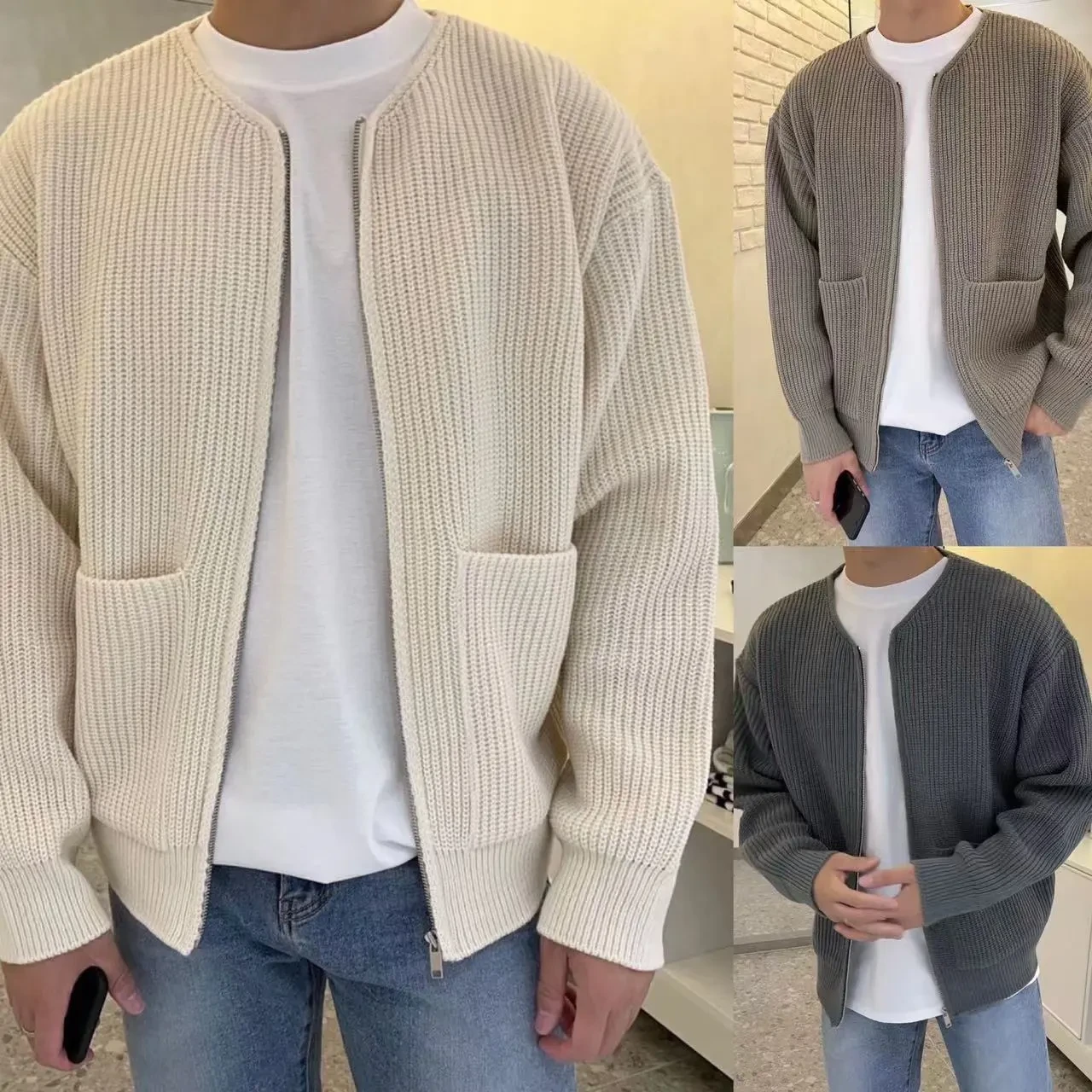 Suéter de punto con cremallera y cuello alto para hombre, forrado, con bolsillos, cómodo y suave, de manga larga para todas las estaciones.