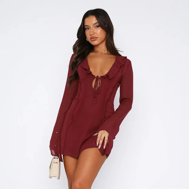 Vestido sexy con volantes, escote en V, cordones y manga larga, estilo Y2K, falda corta ajustada que cubre la cadera, para mujer.