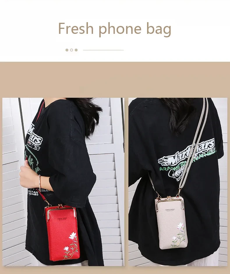 Bolso para teléfono con bordado de flores y hebilla de cierre, estilo cartera larga para exteriores, bolsos de hombro y cruzados de moda