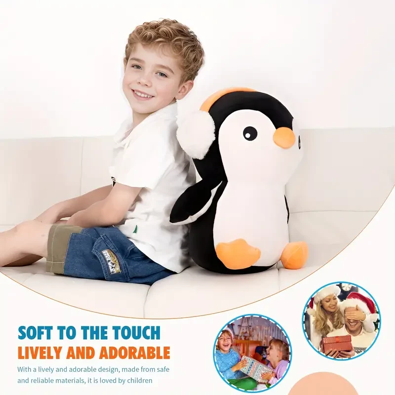 Adorable pingüino de peluche de 40,64 cm con auriculares: suave y tierno juguete de almohada corporal para niños.