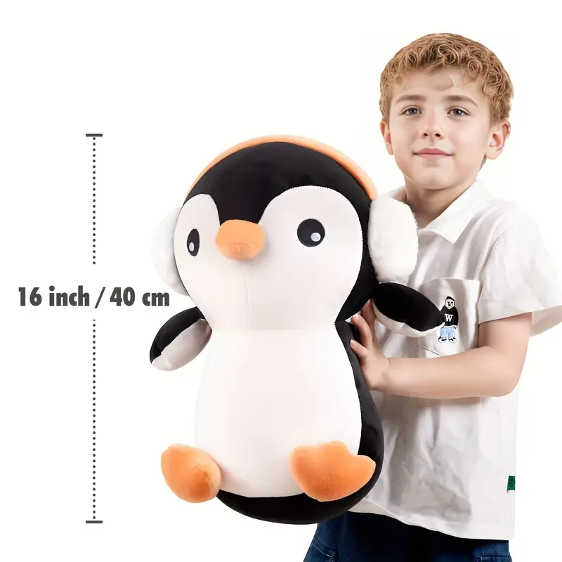 Adorable pingüino de peluche de 40,64 cm con auriculares: suave y tierno juguete de almohada corporal para niños.