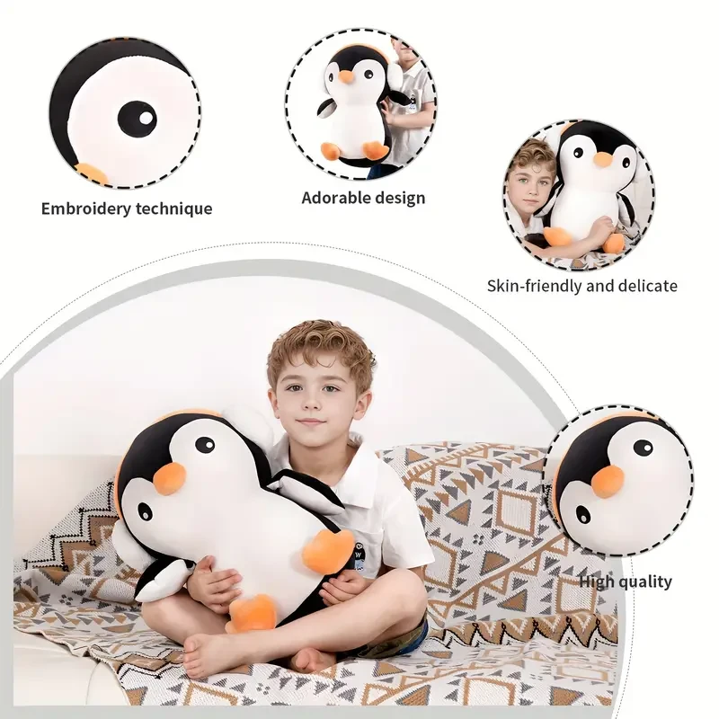 Adorable pingüino de peluche de 40,64 cm con auriculares: suave y tierno juguete de almohada corporal para niños.