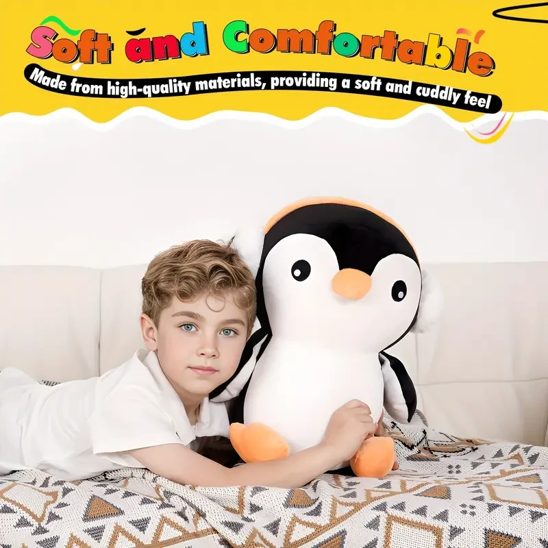 Adorable pingüino de peluche de 40,64 cm con auriculares: suave y tierno juguete de almohada corporal para niños.